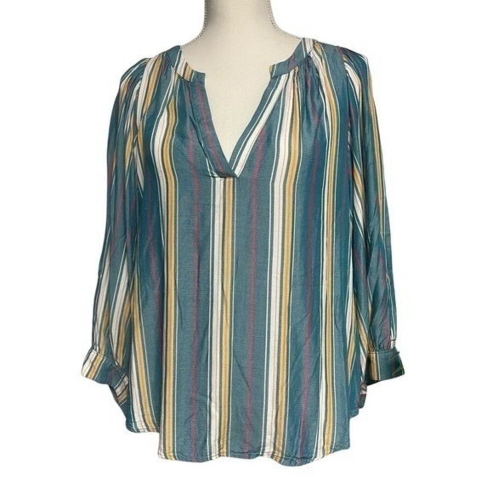 Maeve Anthropologie Teal Striped V-Neck Blouse Women's Large